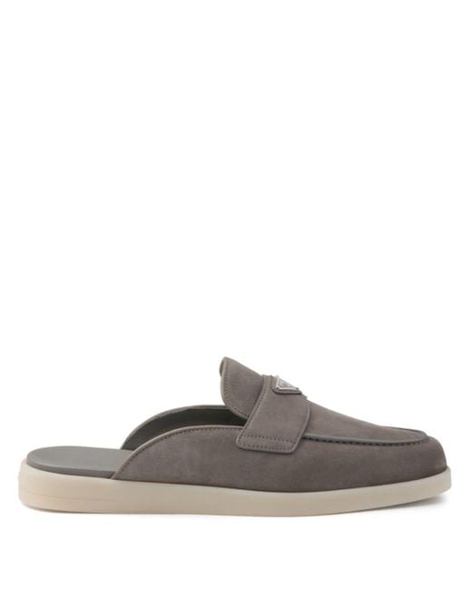 Prada Gray Triangle-logo Backless Suede Loafers for men