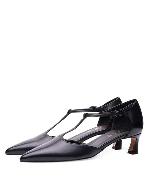 Poche Paris Black T-Strap Buckle Pumps