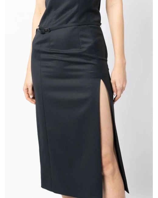 Low Classic Blue Side-Slit Belted Dress