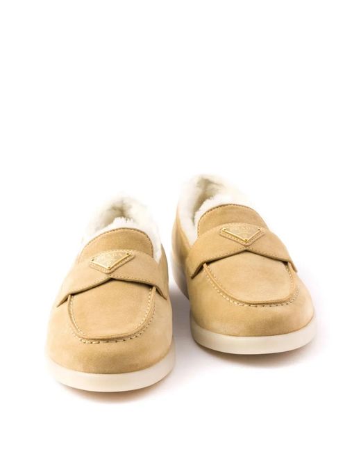 Prada Natural Suede-Shearling Triangle Loafers