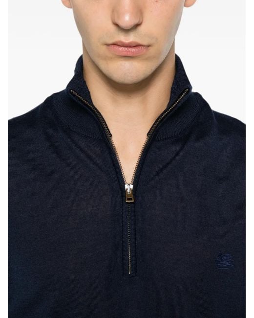 Etro Blue Quarter-Zip Embroidered-Logo Sweater for men