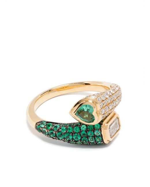 Bague D'Auriculaire Mixed Bypass En Jaune 18 Ct Avec Émeraudes Et Diamants SHAY en coloris Green
