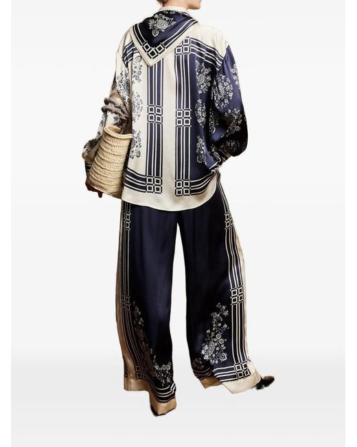 ALÉMAIS Blue Banderra Floral-Print Silk Trousers