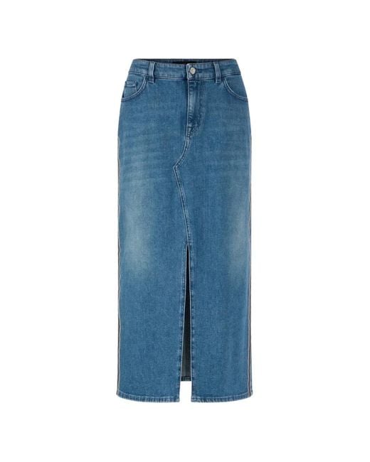 Marc Cain Blue Front-Slit Logo-Patch Midi Skirt