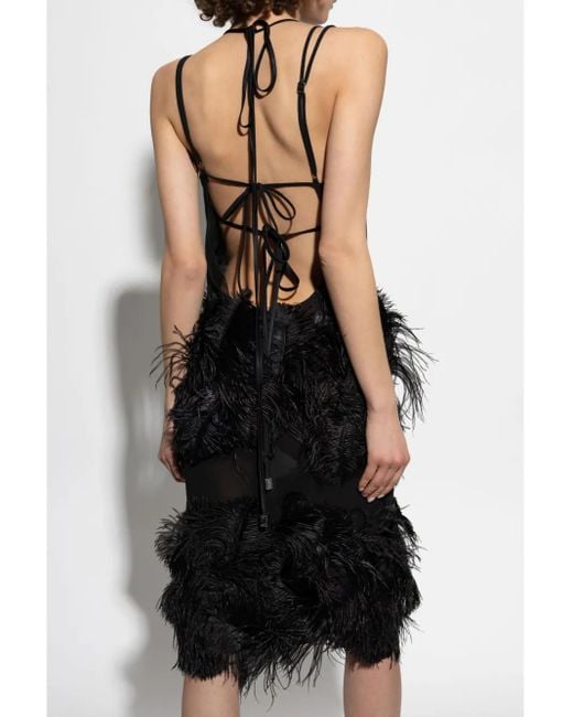 The Attico Black Feather-Trim Midi Dress