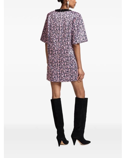 Essentiel Antwerp Purple Kaylin Bead-Embellished Floral-Print Mini Dress