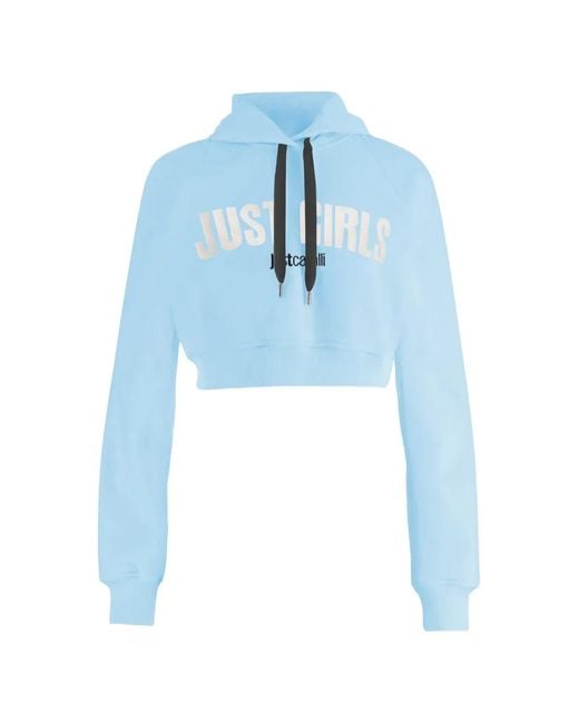 Just Cavalli Blue Logo-Print Cropped Hoodie