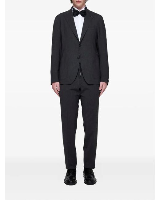Tagliatore Black Peak-Lapels Patch-Pockets Suit for men