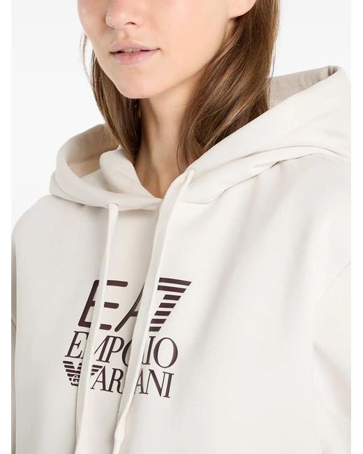 EA7 White Logo-Print Drawstring Cotton Hoodie