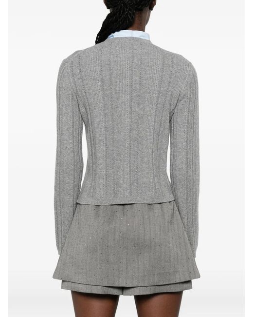 Maje Gray Ribbed-Knit Bow-Detail Jumper