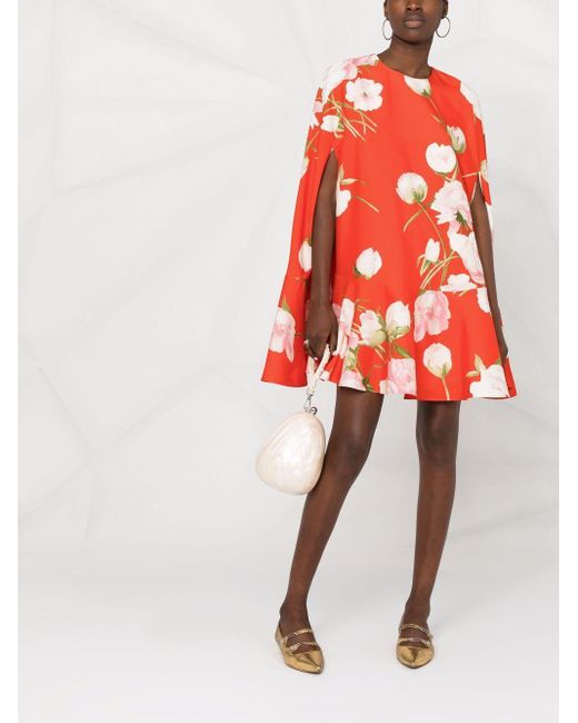 Valentino Red Cape-Kleid mit Blumen-Print