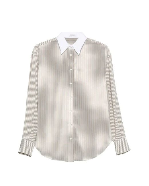 Brunello Cucinelli White Striped Silk Shirt