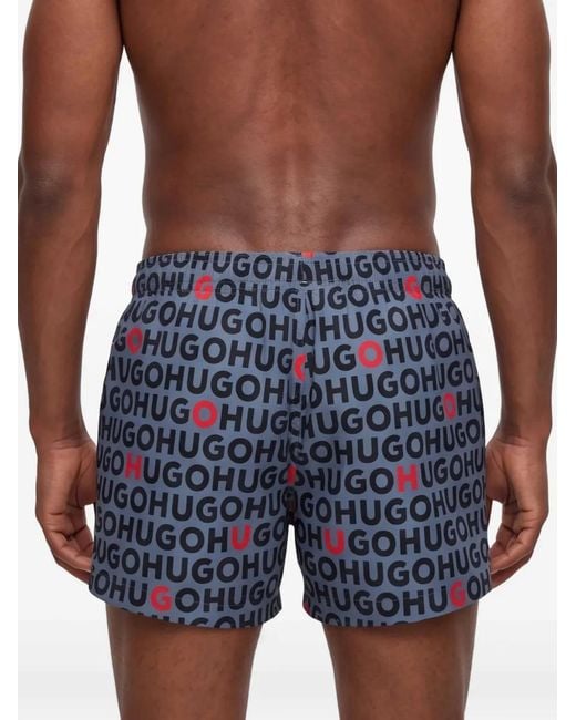 HUGO Blue Logo Print Swim Shorts for men
