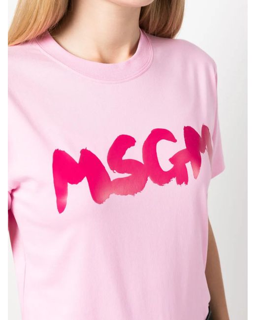 MSGM Pink Logo-Print Cotton T-Shirt