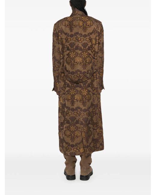 Uma Wang Brown Floral-Jacquard Double-Breasted Coat