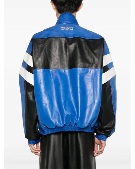 Vetements Blue Logo-Embroidered Leather Jacket