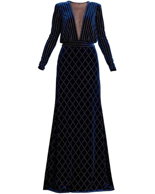 Tadashi Shoji Blue Avi Rhinestone-embellished Velvet Gown