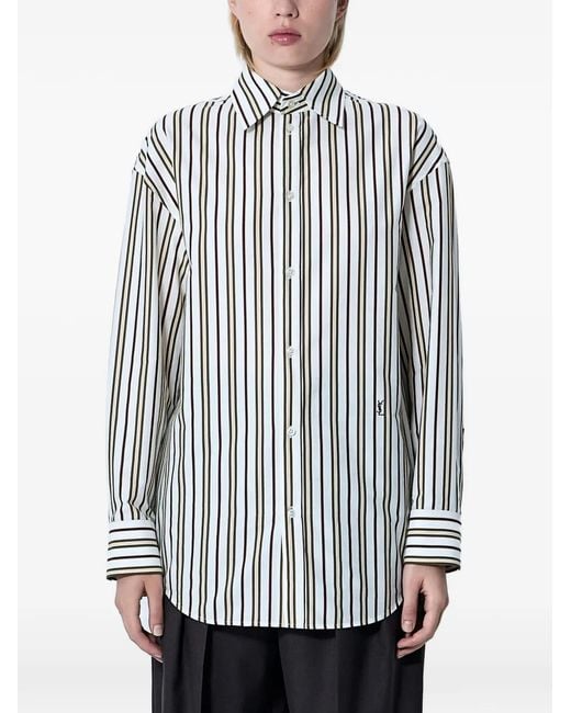 Saint Laurent White Striped Logo Embroidery Shirt