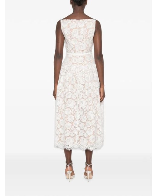 Self-Portrait White Lace-Overlay Belted Midi Dress