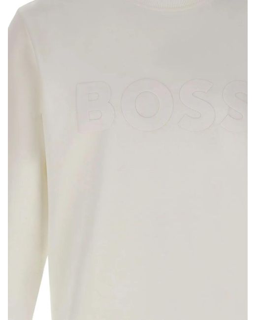 Boss White Logo Ribbed Crew-Neck Sweatshirt for men