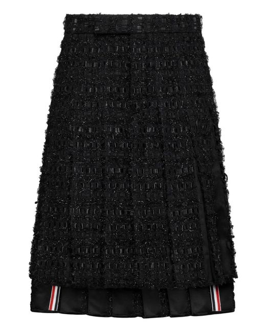 Thom Browne Black Stain Ribon Tweed Frayed Pleated Skirt for men