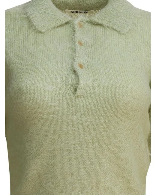 Auralee Green Brushed Wool Polo Sweater