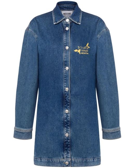 Moschino Blue Slogan-Embroidered Denim Shirtdress