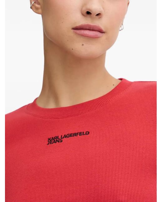 Karl Lagerfeld Red Ruched Ribbed Drawstring Top