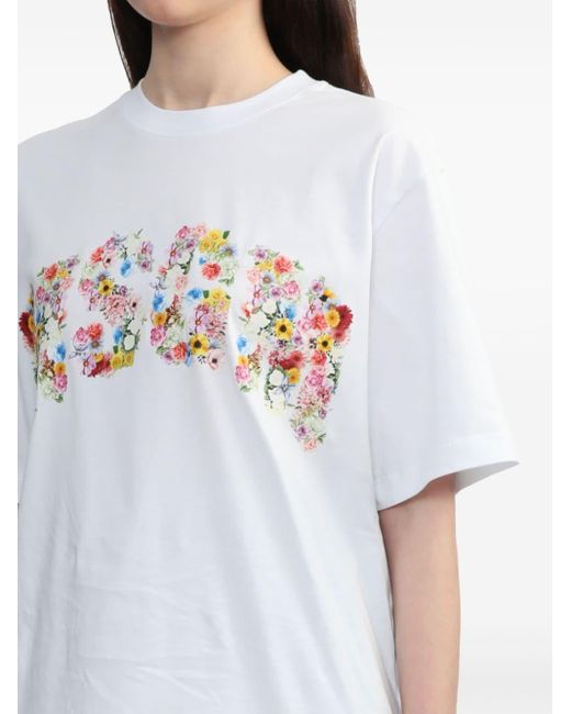 MSGM White Floral Cotton Crew Neck T-shirt