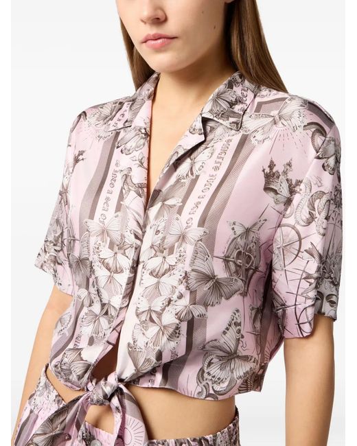 Philipp Plein White Cropped Butterfly-Print Shirt