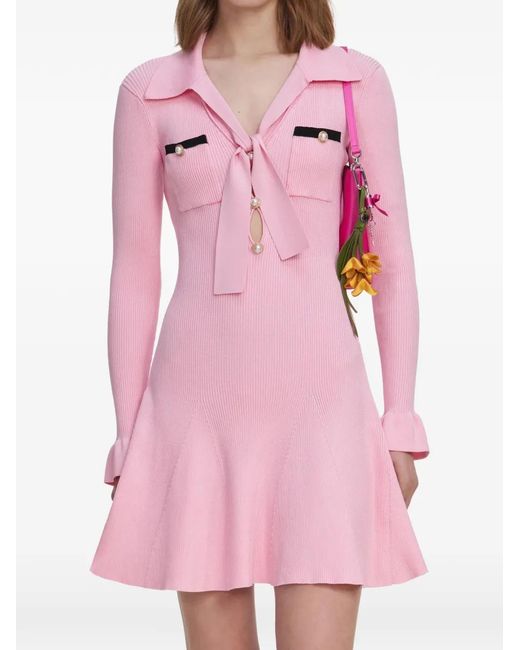 Self-Portrait Pink Pearl-Button Bow-Detail Mini Dress