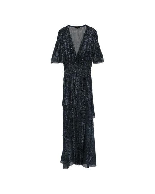 Maje Blue Metallic Ruffled Midi Dress