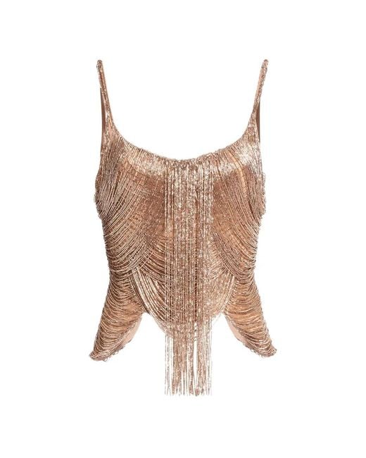 Elie Saab Brown Bead-Embroidered Fringed Top