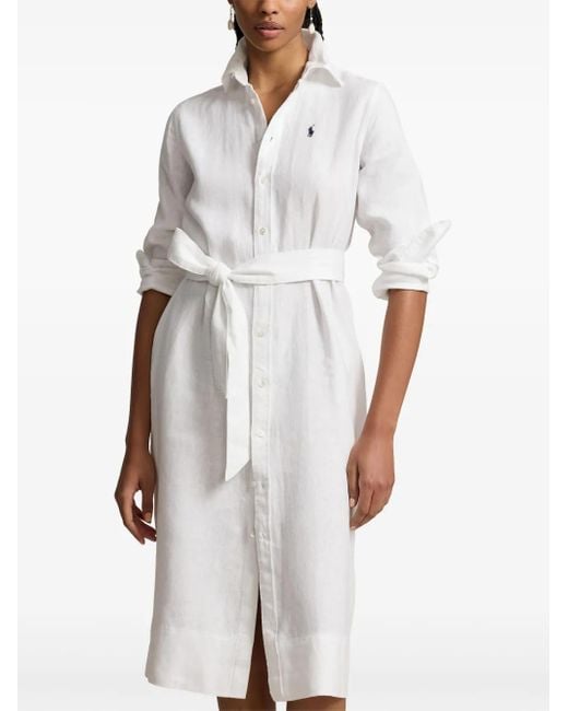 Polo Ralph Lauren White Logo-Embroidered Linen Shirtdress
