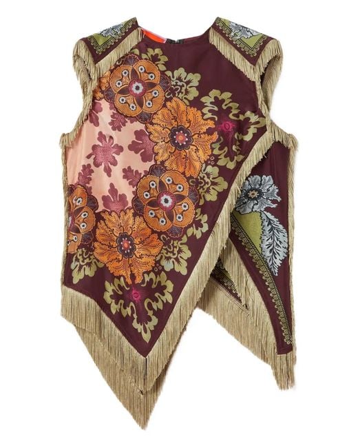 LaDoubleJ Brown Floral-Print Fringed Scarf Top
