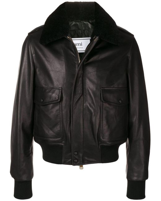 AMI Leather Shearling Collar Bomber Jacket in Black for Men - Lyst