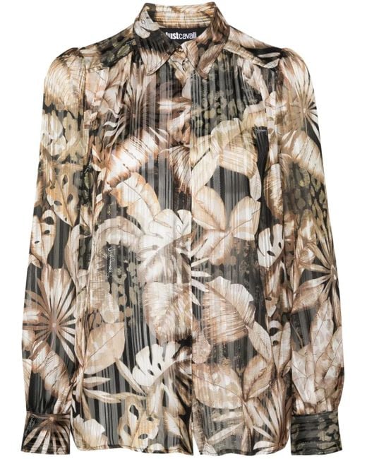 Just Cavalli Brown Floral Metallic Sheer Shirt
