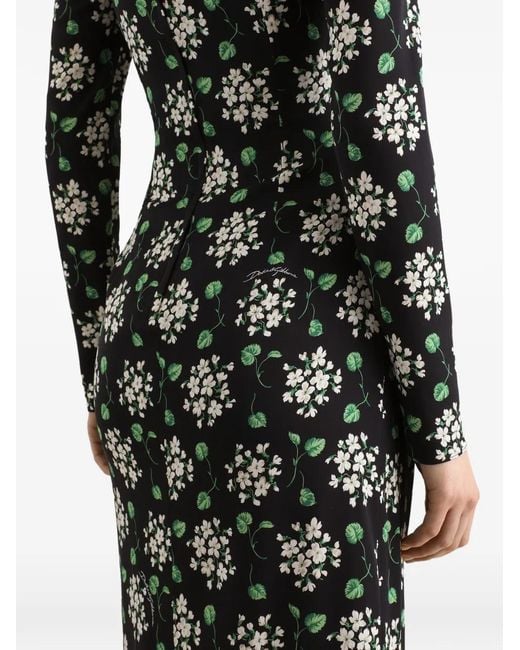 Dolce & Gabbana Black Geranium Bouquets-Print Charmeuse Dress