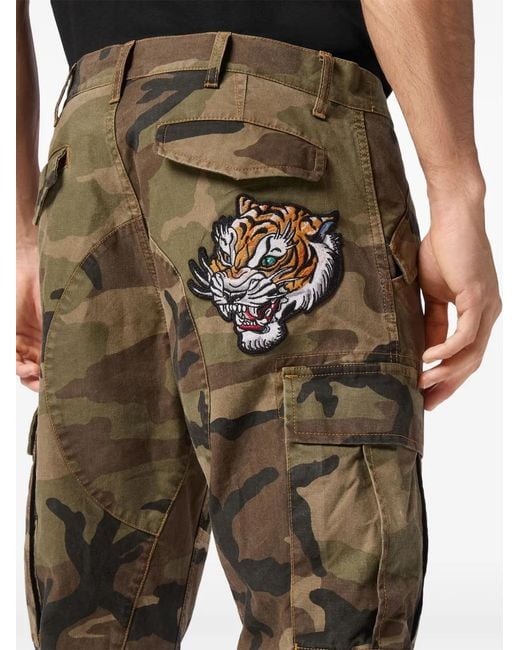 Philipp Plein Green Camoflage Cargo Trousers for men