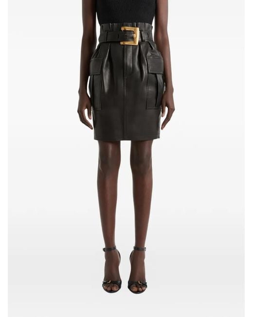 Balmain Black Belted Lambskin Skirt