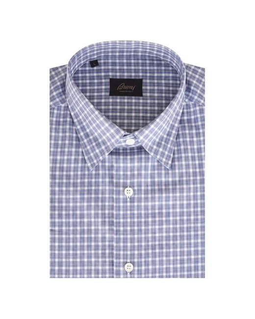 Brioni Blue Check-Pattern Button-Down Shirt for men