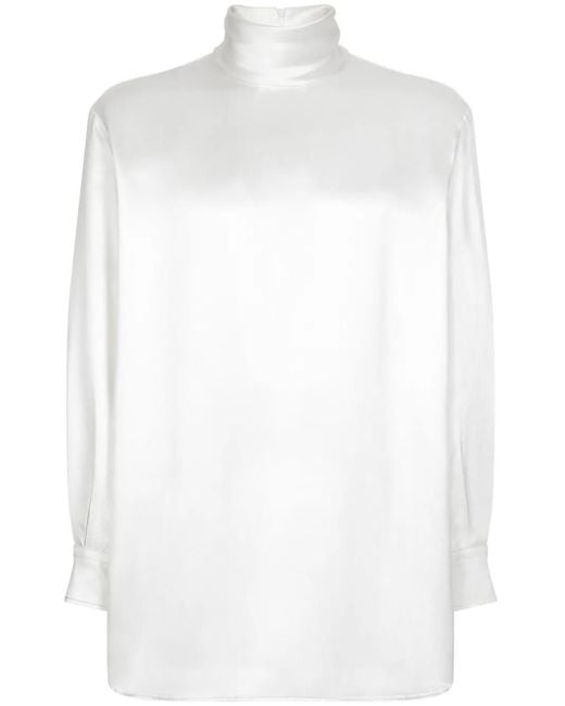 Dolce & Gabbana White Silk High Neck Long-Sleeve Shirt for men