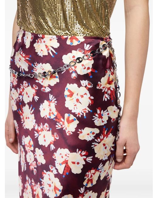 Rabanne Red Floral-Pattern Silk Maxi Skirt