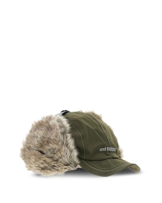And Wander Green Faux Fur Ear Flaps Logo Hat