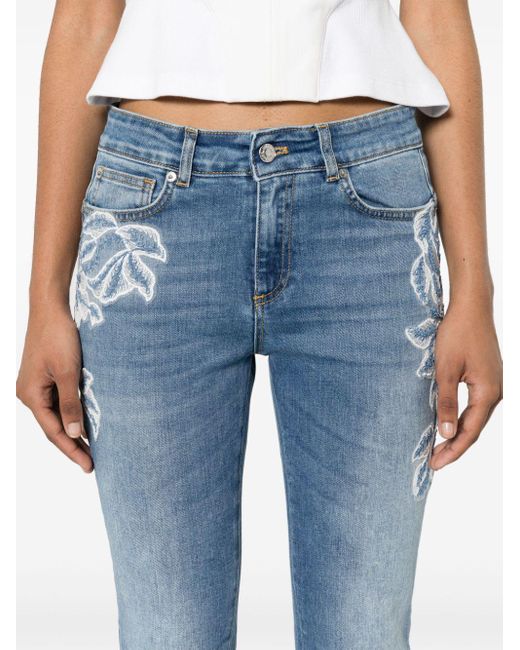 ERMANNO FIRENZE Blue Floral-embroidery Skinny Jeans