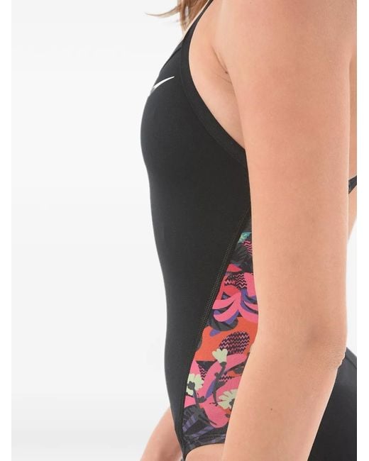 Nike Black Logo-Print Patterned-Panel Swimsuit