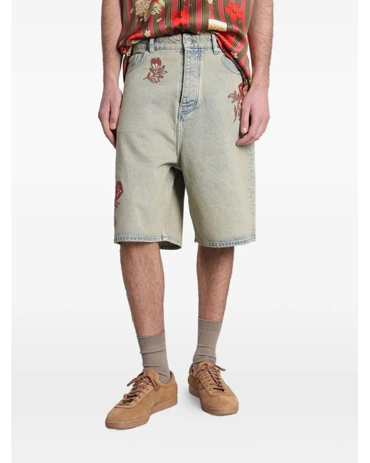Drole de Monsieur Natural Floral-Embroidered Denim Shorts for men