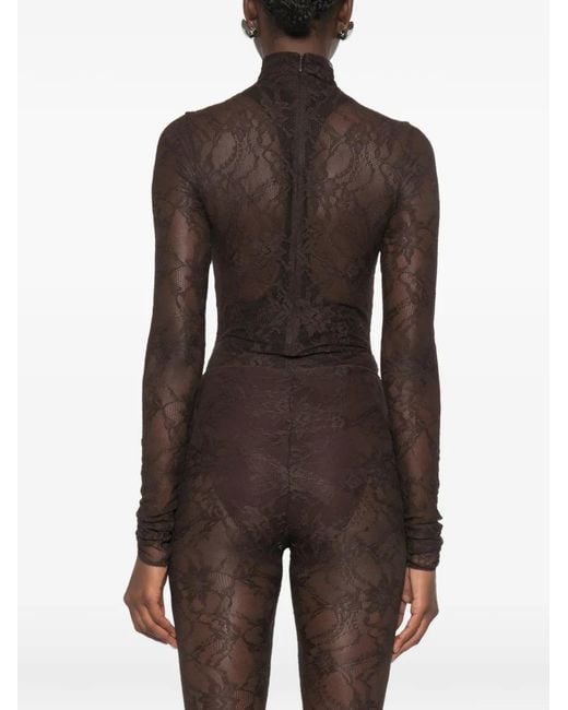 ANDAMANE Brown Ziggy Lace-Pattern High-Neck Bodysuit