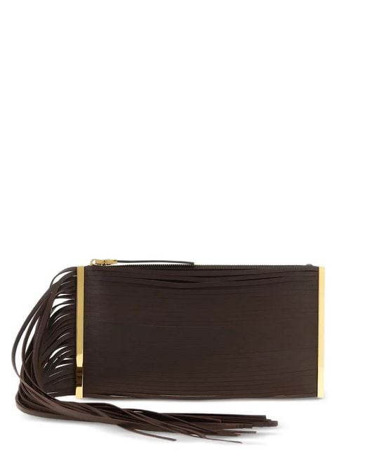 Elisabetta Franchi Brown Fringed Leather Clutch Bag