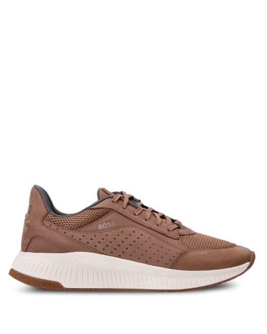 Boss Brown Panelled Leather Sneakers for men
